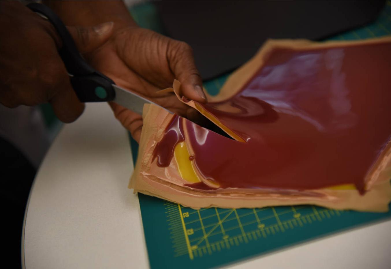 A synthetic skin for suture training that the prototyping team made with silicone