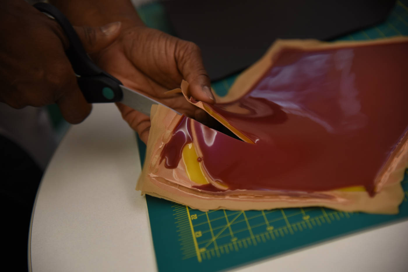 A synthetic skin for suture training that the prototyping team made with silicone